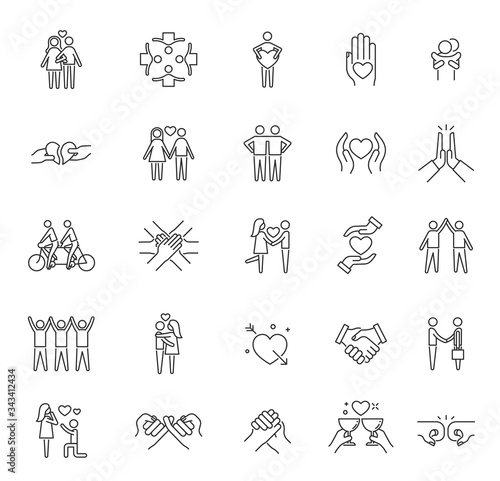Friendship icons. Respect community, line care solidarity love symbols. Business partnership or trust and responsibility team vector set. Illustration love and care, charity and partnership