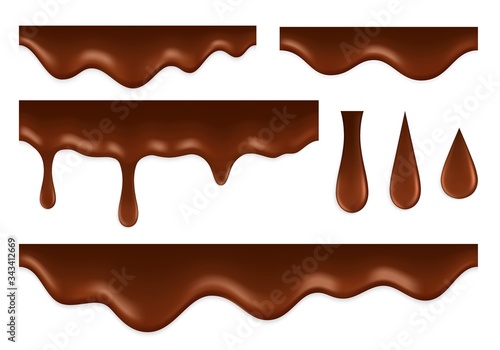 Dripping chocolate. Liquid syrup, foods delicious sauce. 3d current cacao background. Melted drop, realistic stream droplets oil vector set. Sauce and melt, syrup liquid, chocolate drop illustration