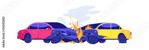 Car crash. Automobiles in fire. Isolated damaged transport, broken autos. Cartoon road accident vector illustration. Crash accident, vehicle broken and damage