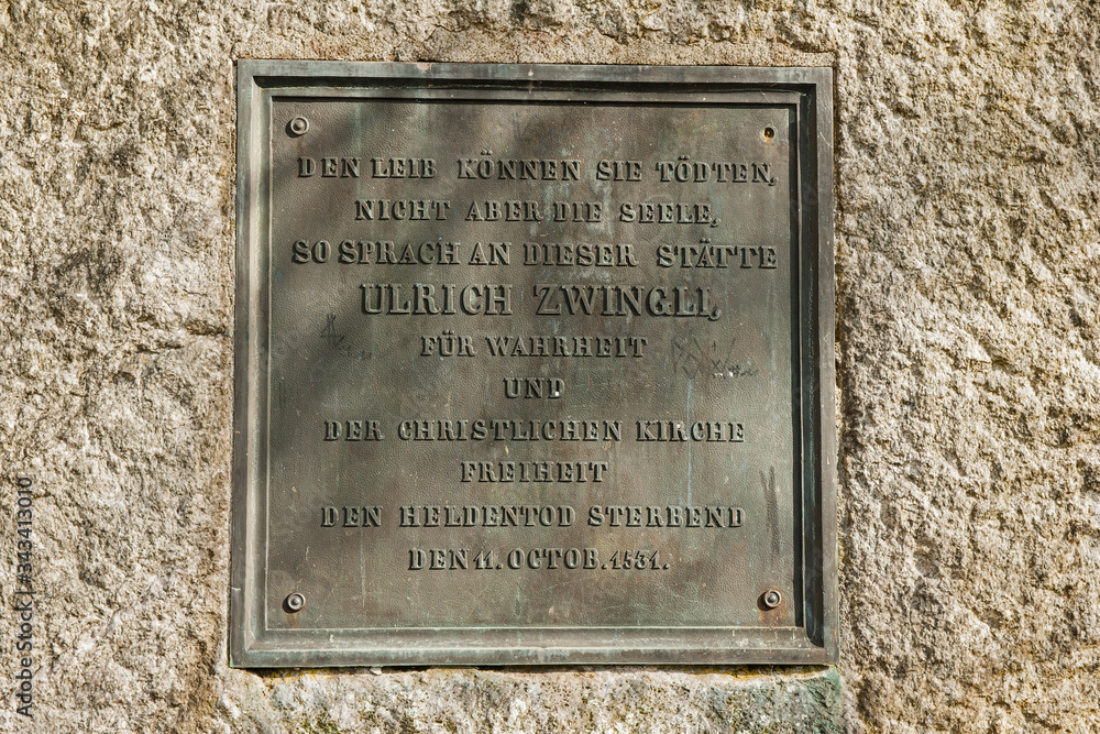 Zwinglizitat auf dem auf dem Gedenkstein für die Kappelerkriege, Kappel am Albis, Schweiz