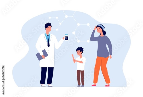 Child itchy skin. Frightened mom, doctor and sick boy. Treating scabies, allergies or chickenpox vector illustration. Skin itchy, illustration medical rash, child dermatology and allergy