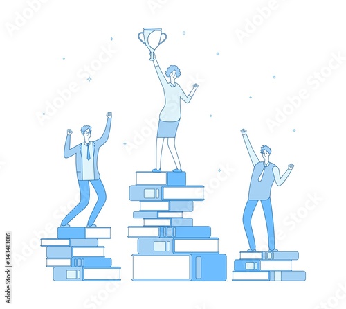 Clever people. Woman winner, self education concept. Learning, reading books and girl success vector illustration. Education knowledge, winner and success learning