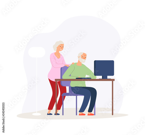 Computer education. Old couple studying modern digital world. Elderly people video calling or online communication vector illustration. Character pensioner, grandfather and technology