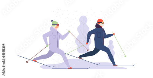 Elderly active life. Winter sports, old people ski in snowy forest. Park activity, grandparens workout vector illustration. Winter sport activity, character elderly