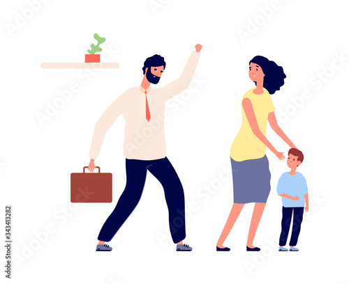 Family conflict. Abusing or bullying, confused woman and boy. Tired aggressive man. Father screams, mother protect little son vector illustration. Family conflict, woman and husband, angry man