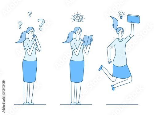 Girl looking answers to questions. Reading and learning, searching for ideas and solutions. Self education, knowledge acquisition vector illustration. Question problem and think girl, adult answer