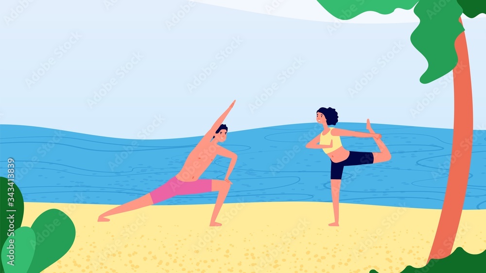 Morning yoga on beach. Man woman workout near ocean. Relax time, vacation or tourism. Summer outdoor stretching training vector illustration. Yoga beach morning, woman exercise sport and relax
