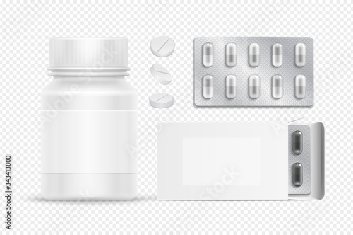 Medical packs. White pills plastic bottle and cardboard box. Realistic drugs in silver blister. Isolated antibiotic or aspirin tablets vector illustration. Medical tablet, antibiotic and pharmacy
