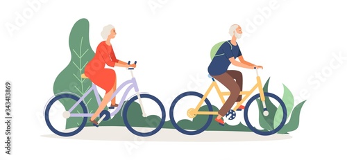 Old couple on bikes. Elderly activity, grandmother grandfather in park or forest. Woman man relaxed, cycling on nature vector illustration. Old couple ride bike, lifestyle bicycle