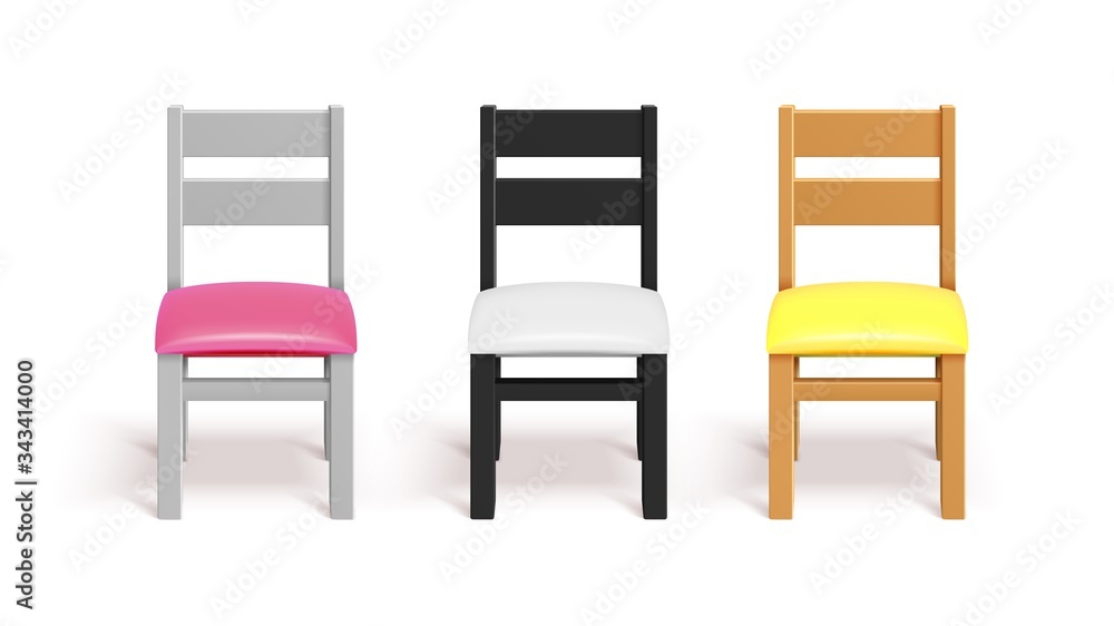 Realistic chairs. White, black and wooden chair with pillow. Interior design equipment vector mockup. Comfortable seat chair, wooden armchair classic illustration Realistic chairs. White, black and wooden chair with pillow. Interior design equipment vector mockup. Comfortable seat chair, wooden armchair classic illustration