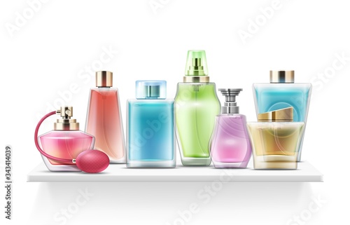 Realistic perfume bottles. Spray glass bottle, cosmetic pack. Isolated fragrance bottle on shelf for store vector illustration. Perfume bottle transparent, cosmetic realistic fragrance