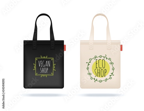 Realistic shopping bag. Black white textile bags. Eco shop package with hand drawn logo vector mockup. Package handbag cotton illustration