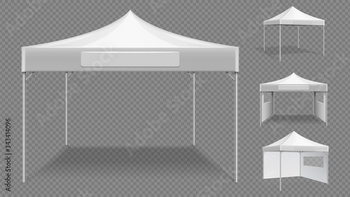 Realistic white tents. Empty folding marquee, market street stall vector template. Realistic trade folding, canopy mockup overhang illustration