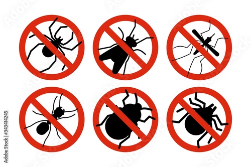 Stop insects. Tick, bugs and mosquito silhouettes. Warning prohibited sign, anti insect vector icons. Insect pest silhouette ban symbol illustration