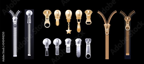 Silver golden zippers. Realistic pulls. Metal platinum fasteners for apparel. Clothing garment components, accessorises and shoes vector set. Component clasp and zip, fastener clothing illustration