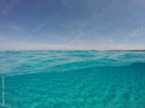 Amazing blue sea with white sand underwater in Sardinia, Stintino, panorama background, ripple water surface with copy space