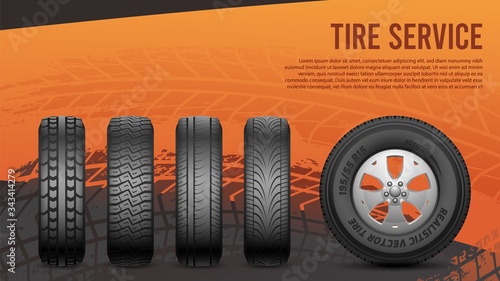 Tire service banner. Tires, car wheels poster. Autos repair, wheel replacement vector illustration. Tyre rubber business, auto repair service