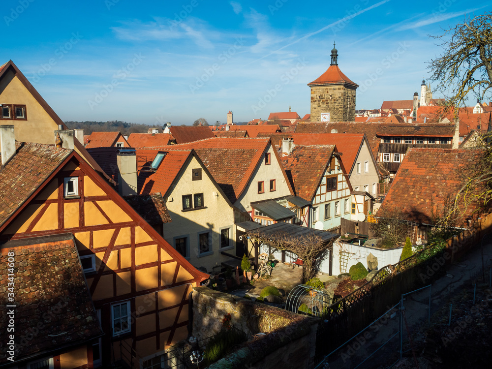 Rothenburg ob der Tauber, Germany - Feb 16th, 2019:  Tradditional tower at  city wall of Rothenburg ob der Tauber, Germany
