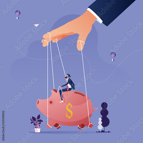 Piggy bank being controlled by puppeteer-Money control concept
