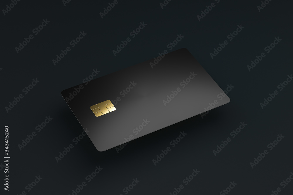 Blank credit or smart cards with emv chip on dark background and e