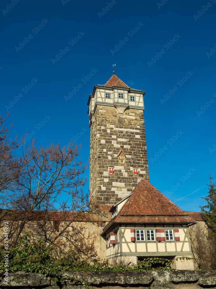 Rothenburg ob der Tauber, Germany - Feb 16th, 2019: Tradditional tower at city wall of Rothenburg ob der Tauber, Germany Rothenburg ob der Tauber, Germany - Feb 16th, 2019: Tradditional tower at city wall of Rothenburg ob der Tauber, Germany