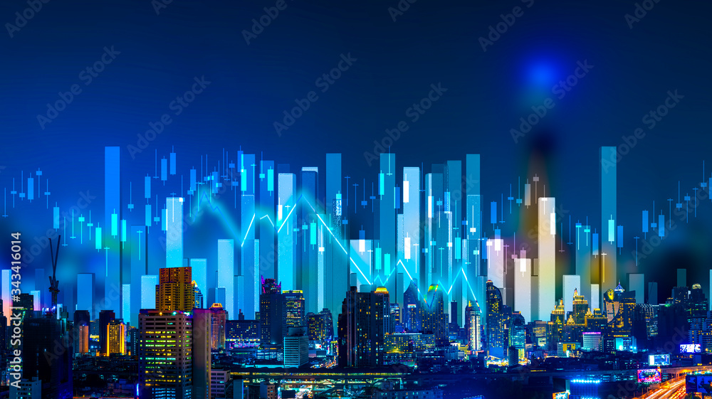 Obraz premium Business people hold a tablet, plan and strategy and display virtual holograms of statistics, financial graphs, securities and charts on a dark background. The concept of business growth