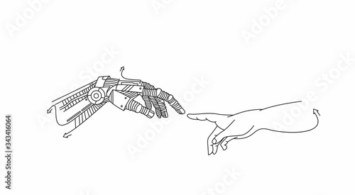 Hands of Robot and Human hands touching with fingers, Virtual Reality or Artificial Intelligence Technology Concept