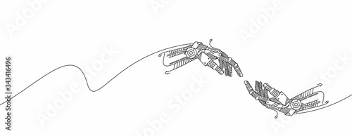Hands of Robot and Human hands touching with fingers, Virtual Reality or Artificial Intelligence Technology Concept