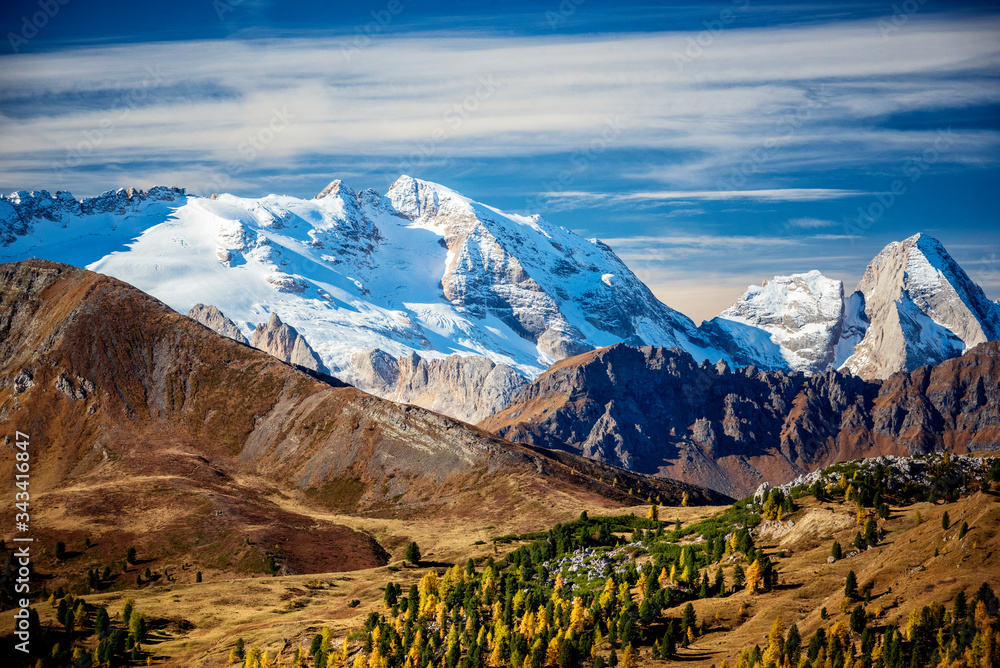 Fototapeta premium Marmolada Glacier seen from Valparola pass in Autumn. Trentino Alto Adige, Italy