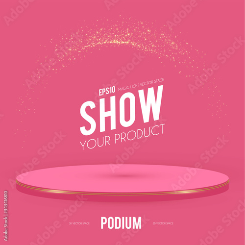 Round Podium. Scene, pedestal and 3D platform with gold glitter effect. Advertising, award and win design. Show and sale background. Realistic presentation mockup.