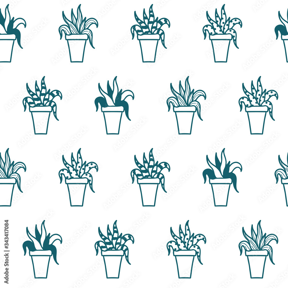 Vector Hand Drawn Aloe Pots in Pastel Green seamless pattern background. Vector Hand Drawn Aloe Pots in Pastel Green seamless pattern background.