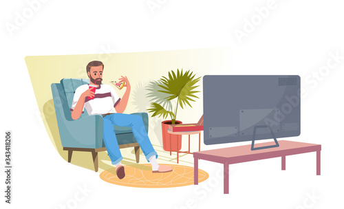 Happy relaxed young man sitting in armchair, watching tv and eating pizza. Stay at home. Bearded man in front of television set during quarantine. Home entertainment. Flat cartoon vector illustration.