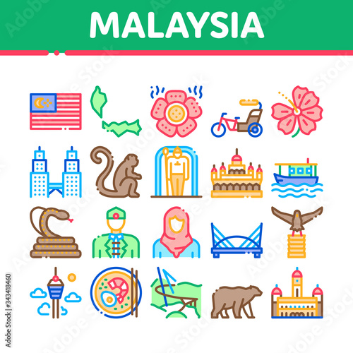 Malaysia National Collection Icons Set Vector. Malaysia Flag And Architecture Building, Monkey And Snake, Traditional Food And Clothes Concept Linear Pictograms. Color Illustrations