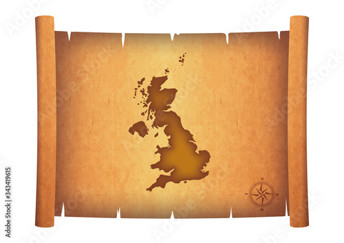 An illustration of a map of England drawn on an old scroll ｜ A parchment image illustration of a treasure map Antique