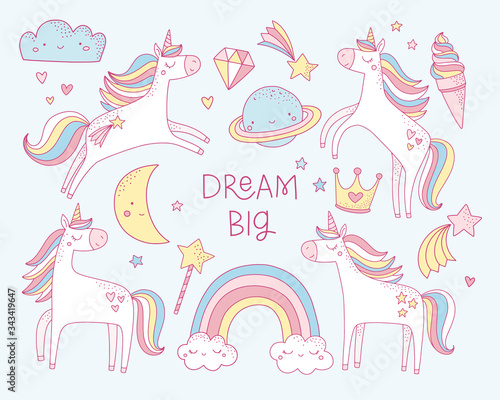 Set of cute cartoon unicorns and magical elements. Vector illustration for girl birthday party, nursery posters.