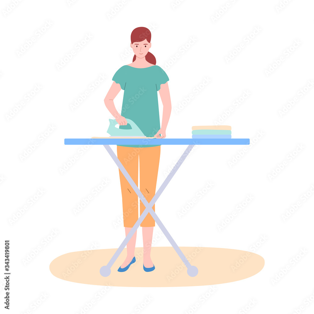 Fototapeta premium The woman the housewife irons clothes, isolated on white. The concept of home, household, life. Vector illustration of modern style.