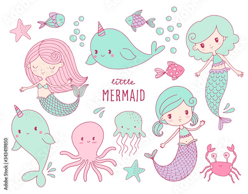 Vector illustration of cute mermaid with colorful hair and other under the sea elements. Little mermaid, fishes, sea animals and starfish, vector illustration collection