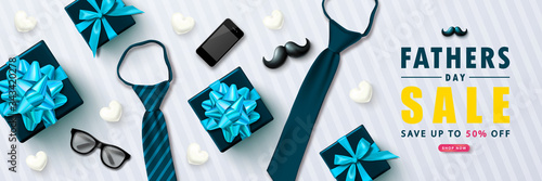 Happy Father's Day Sale banner with gift boxes, ties, glasses, phone, mustache and hearts.Design template for posters,flyers, invitation, promotional materials, brochure, voucher discount.