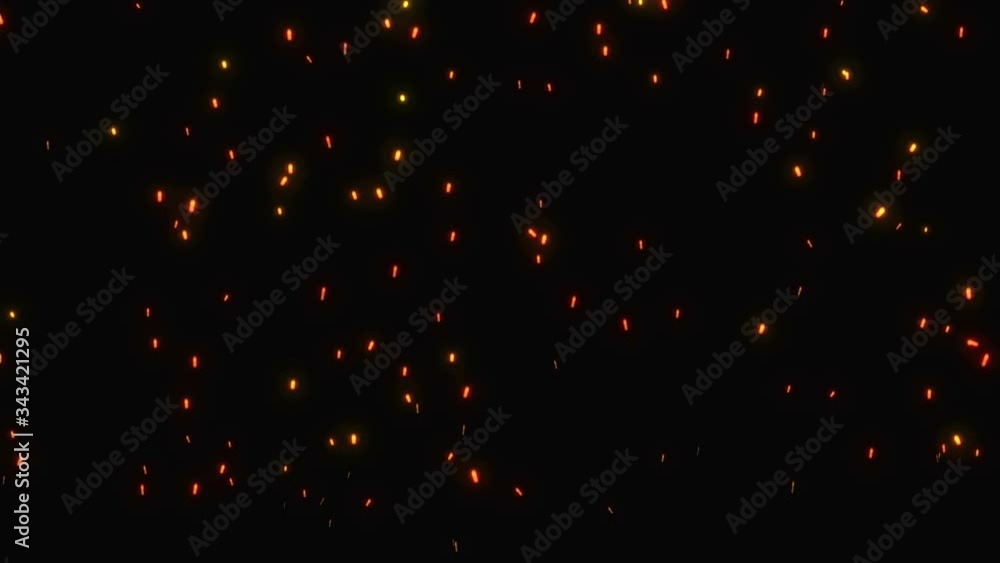 Realistic flying fire sparks isolated on black background. Bright dynamic dust particles in slow motion. Digital 3d animation. Realistic flying fire sparks isolated on black background. Bright dynamic dust particles in slow motion. Digital 3d animation.