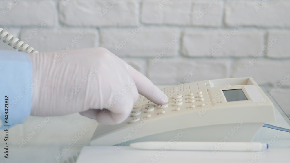 Man Wearing Protection Gloves in Hands Using Telephone Communication, Social Distancing Lifestyle Man Wearing Protection Gloves in Hands Using Telephone Communication, Social Distancing Lifestyle