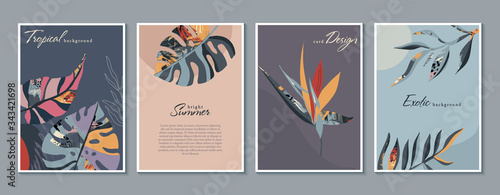 Vector collection of trendy creative cards with floral exotic tropical elements, palm leaves