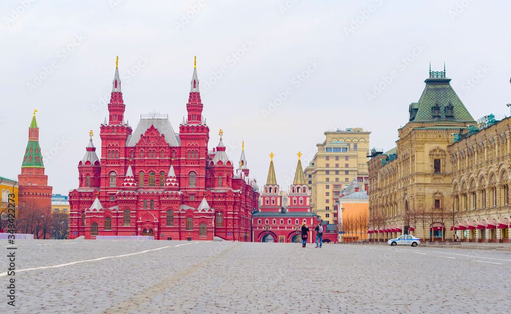 Empty Red Square and St. Basil's Cathedral in Moscow during the quarantine due to the coronavirus pandemic