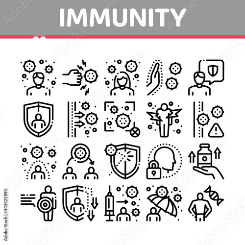 Immunity Human Biological Defense Icons Set Vector. Protective Bacterias, Syringe And Shield, Vitamin And Healthcare Pills For Immunity Concept Linear Pictograms. Monochrome Contour Illustrations