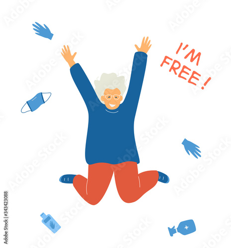 Happy old lady jumping with hands up surrounded with potective mask, gloves, sanitizer which are no longer needed. End of quarantine and epidemic Covid-19 concept. Flat vector illustration.
