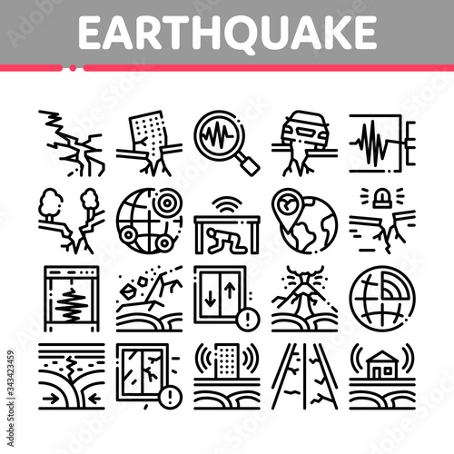 Earthquake Disaster Collection Icons Set Vector. Building And Road Destruction, Stone Collapse And Earthquake Catastrophe Concept Linear Pictograms. Monochrome Contour Illustrations
