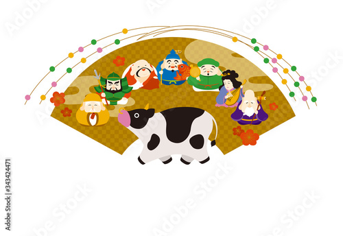 年賀状　牛年　七福神