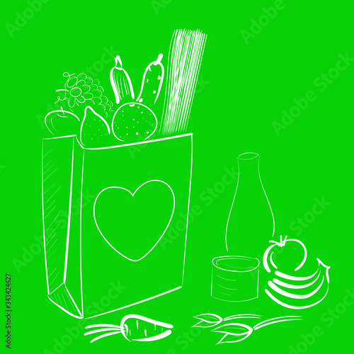 Food donation paper bag for homeless and pure people during quarantine. Vector concept illustration on green color in outline handdrawn style