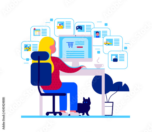 Young girl sitting at computer table. Online shopping, using web services, apps. Order food online, taxi, doctor consultation, social network, blogging, remote working etc. Vector flat illustration.