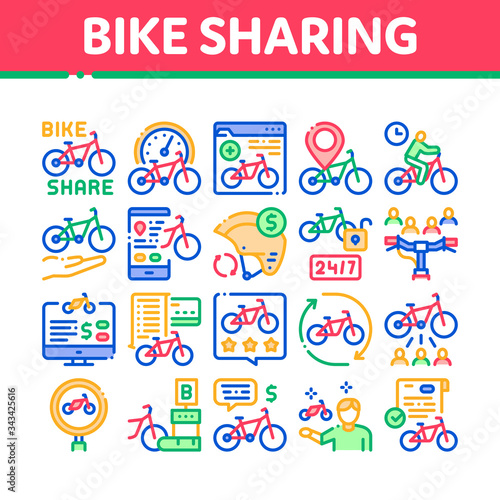 Bike Sharing Business Collection Icons Set Vector. Bike Share Deal And Agreement, Web Site And Phone Application, Helmet And Bicycle Parking Concept Linear Pictograms. Color Illustrations
