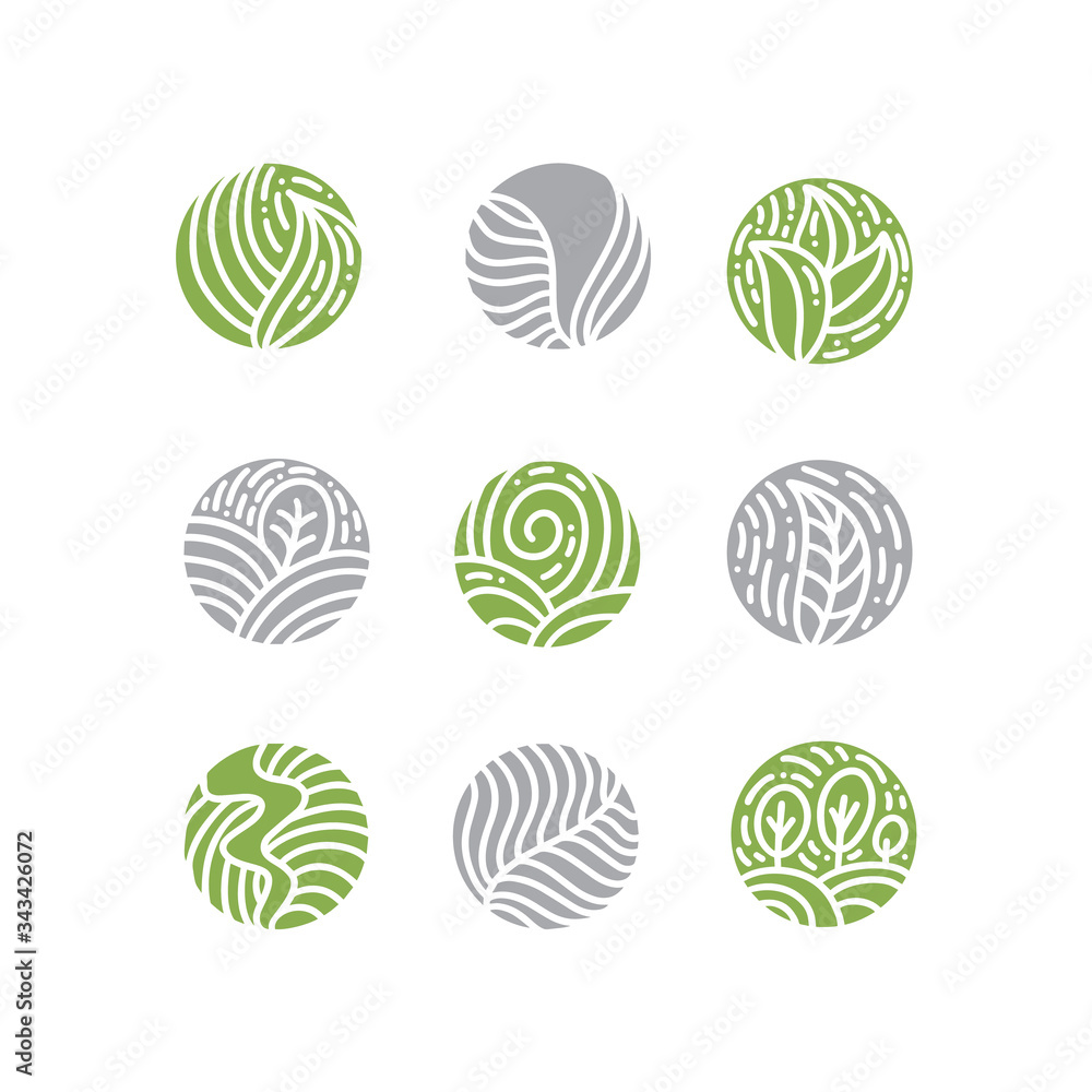 Set of tropical plant green leaves logo. Round bio emblem in a circle linear style. Vector abstract badge for design of natural products, flower shop, cosmetics, ecology concepts, health, spa, yoga Set of tropical plant green leaves logo. Round bio emblem in a circle linear style. Vector abstract badge for design of natural products, flower shop, cosmetics, ecology concepts, health, spa, yoga